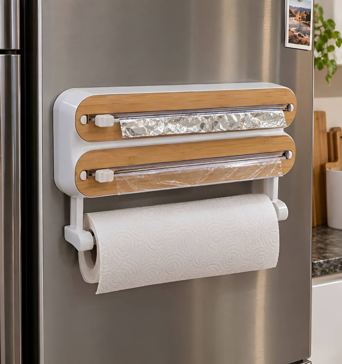Organizador de cocina 3 en 1 Rollia™ con soporte para film, papel de aluminio y papel de cocina.
