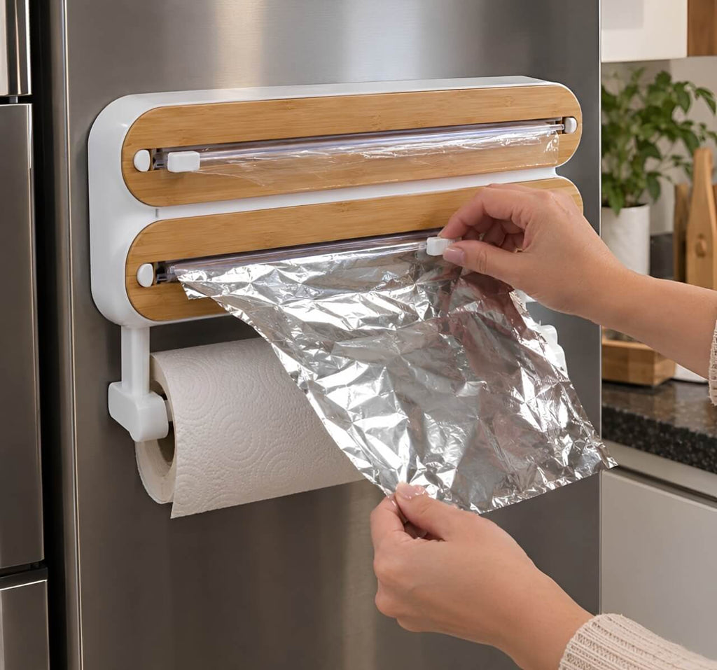 Organizador magnético de cocina Rollia™ con dispensadores de film transparente y papel de aluminio.
