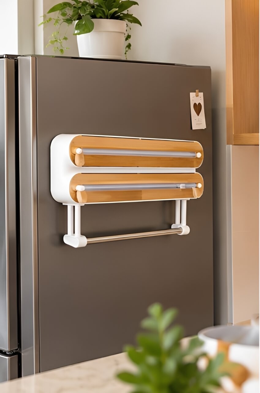 Organizador magnético de cocina con acabado efecto madera y soporte para rollo de papel.