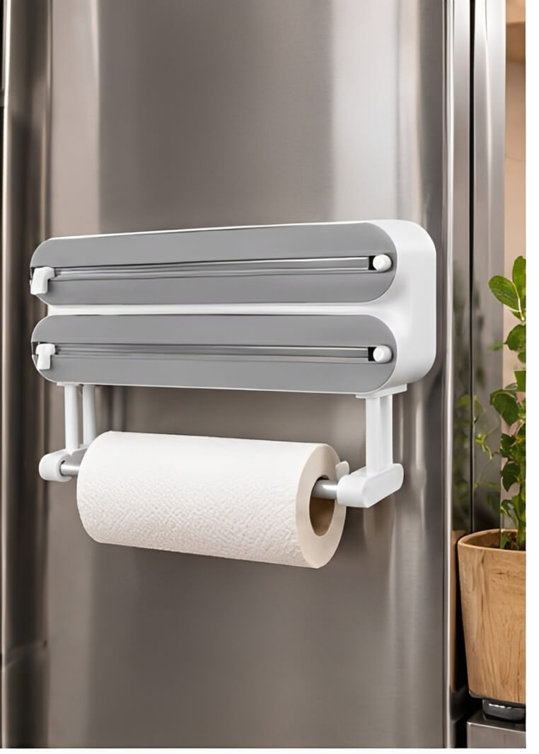 Portarrollos magnético gris Rollia™ con dispensadores de film y papel de aluminio.