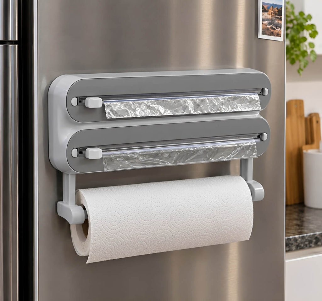 Organizador magnético de cocina gris con dispensadores de papel de aluminio y film transparente.